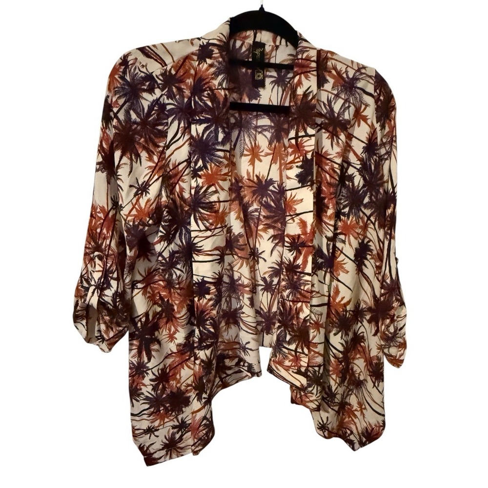 Paparazzy Kimono Cardigan Open Front Palm Trees Orange Purple 3/4 Sleeve Small